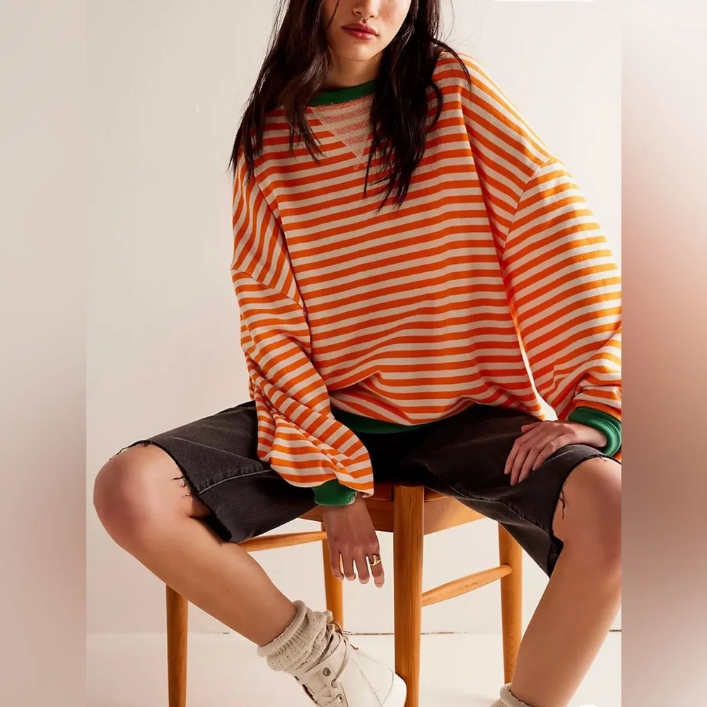 NWOT Free People Classic Stripe Oversized Crewneck Sweatshirt